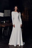 Simple A-Line Long Sleeves Satin Wedding Dress Backless Beading Bridal Gowns