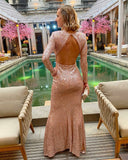 V-Neck Backless Full Sleeves Mermaid Evening Dress Sequined Prom Dress