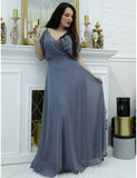 Grey V-Neck Glitter Prom Dress Short Sleeves Evening Dress