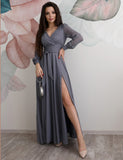 A Line Gray Prom Dress Puffy Sleeves High Split Evening Gowns