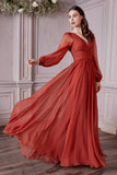 A-Line V-Neck Long Puffy Sleeves Evening Dress Backless Prom Dress