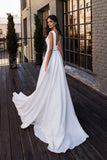 Simple Backless A Line Satin Wedding Dress V Neck Beading Belt Bridal Gowns