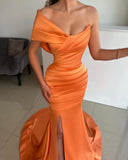 Elegant One-Shoulder Satin Mermaid Evening Dress High Slit Prom Dress