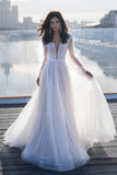 A-Line Glitter Tulle Wedding Dress Long Puffy Sleeves Bridal Gown