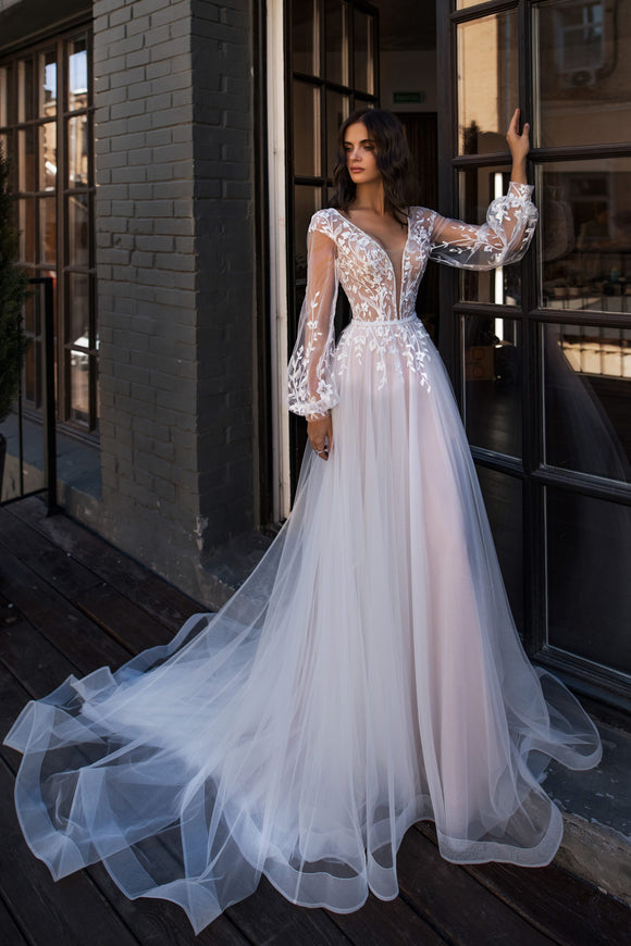 Princess Lace Appliques Wedding Dress Long Puffy Sleeves Bridal Gowns – Agustaprom