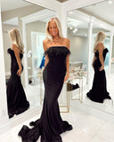 Elegant Strapless Black Mermaid Evening Dress Feather Prom Dress