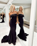 Elegant Strapless Black Mermaid Evening Dress Feather Prom Dress