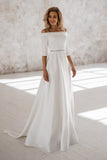 Elegant Beading Belt Wedding Dress Off The Shoulder Sleeves Bridal Gown