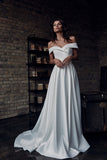 Simple Ivory Satin Wedding Dress Off Shoulder Sweetheart Bridal Gown