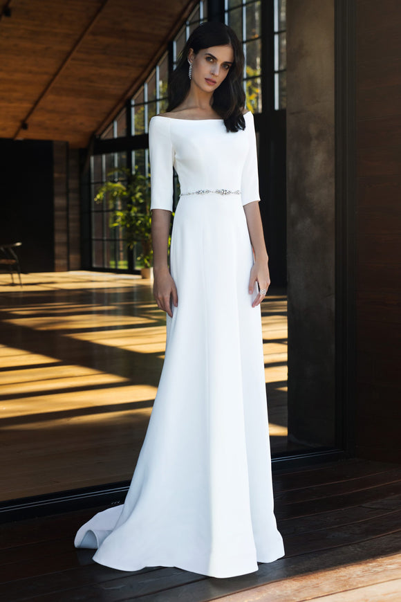 White Satin Wedding Dress With Beading Belt Half Sleeves Bridal Gown