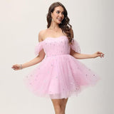 Short Sleeves Tulle Homecoming Dress Sweetheart Mini Prom Dress