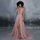 Blush Pink A Line High Split Iace Tulle Prom Dress