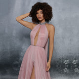 Blush Pink A Line High Split Iace Tulle Prom Dress