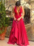 A-Line Backless Long Red Prom Dress Sleeveless Deep V-Neck Party Dress