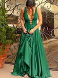 A-Line Backless Long Red Prom Dress Sleeveless Deep V-Neck Party Dress