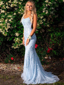 Mermaid Long Spaghetti Straps Light Blue Prom Dress