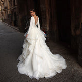 Ball Gown V-Neck Long Sleeves Satin Wedding Dress