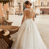 Illusion Scoop Neckline Lace Appliques Glitter Wedding Dress