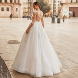 Illusion Scoop Neckline Lace Appliques Glitter Wedding Dress