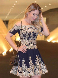 A-Line Off-the-Shoulder Short Navy Blue Homecoming Dress with Appliques