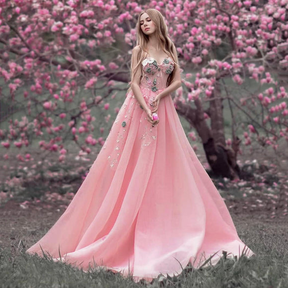 A-Line Starry Pink Sweetheart Pleats Glitter Tulle Prom Gown