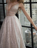 A-Line Deep V-Neck Long Champagne Prom Dress Backless Evening Dress