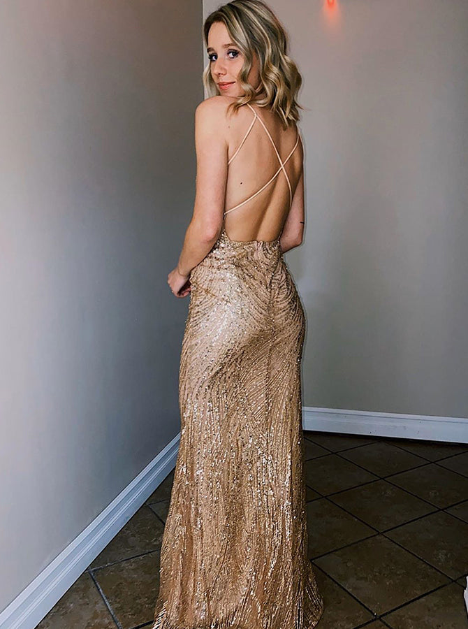 Sexy Champagne Backless Evening Dress Long Formal Dress – Agustaprom