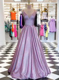  A-Line Lilac Spaghetti Straps Glitter Long Evening Dress with pockets