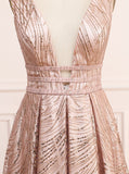 Rose Pink Backless A-Line Sleeveless Sequined Long Evening Dress
