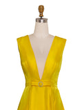 Daffodil Deep V-Neck Long Satin Evening Dress with Belt