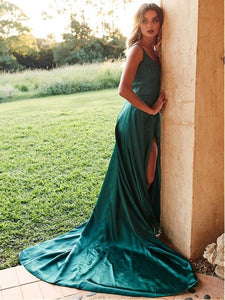 A-Line V-Neck  Dark Green Satin Long Prom Dress with Split 