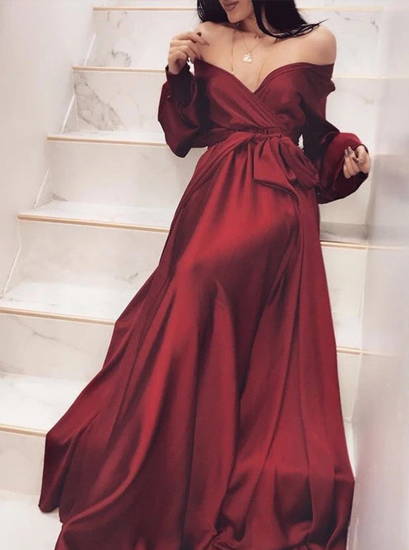 A-Line Off-the-Shoulder Burgundy Long Sleeves Evening Dress