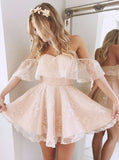 A-Line Off-the-Shoulder Short Pink Organza Homecoming Dress