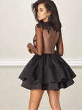 A-Line Jewel Long Sleeves Short Black Homecoming Dress with Appliques