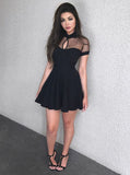 A-Line High Neck Short Sleeves Black Homecoming Dress