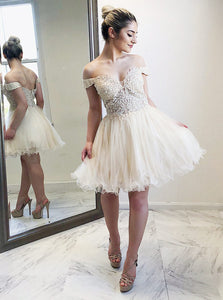 A-Line Off-the-Shoulder Light Champagne Homecoming Dress