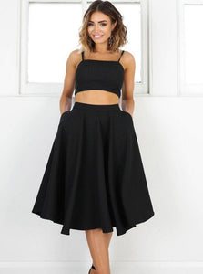 Two Piece Tea-Length Black Homecoming Dress with Pockets
