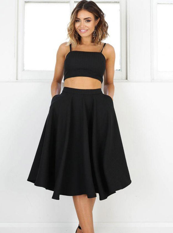 Two Piece Tea-Length Black Homecoming Dress with Pockets