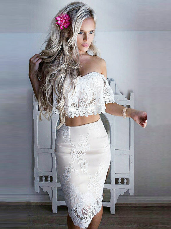 White Color Off-the-Shoulder Two Piece Lace Homecoming Dress