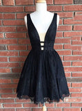 A-Line Deep V-Neck Black Lace Sequined Homecoming Dress
