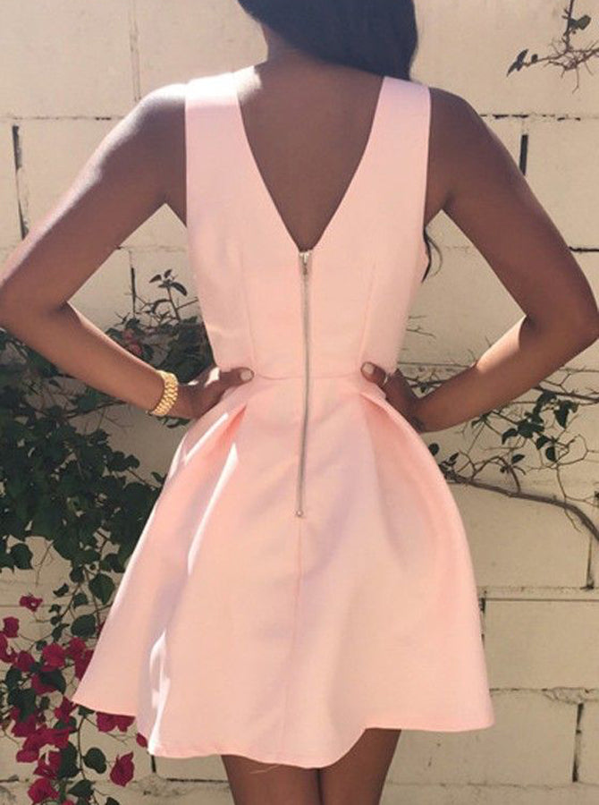 A-Line Deep V-Neck Pink Above knee Satin Homecoming Dress Agustaprom A-Line Deep V-Neck Pink Above knee Satin Homecoming Dress Agustaprom