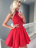A-Line Halter Backless Red Homecoming Dress with Appliques