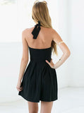 A-Line Halter Backless Short Black Satin Homecoming Dress