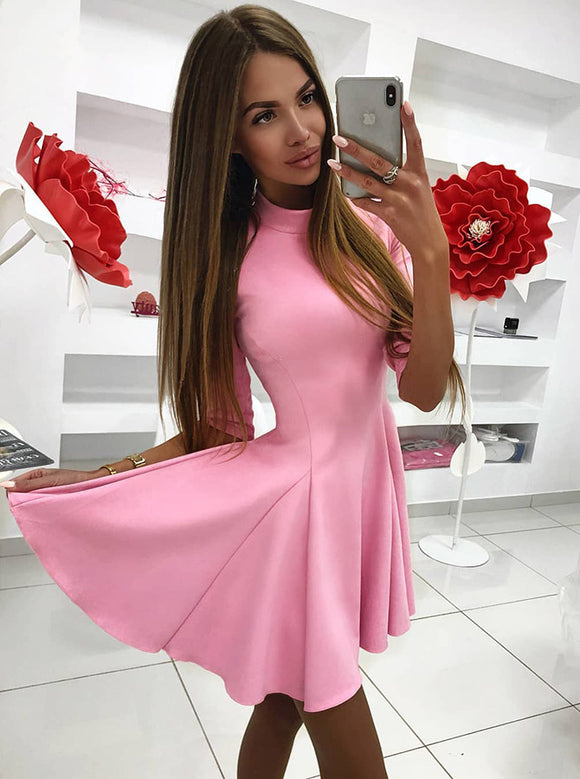 A-Line High Neck Half Sleeves Short Pink Satin Homecoming Dress