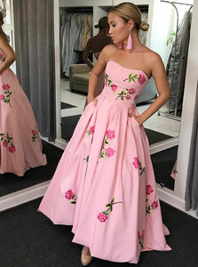 A-Line Strapless Pink Long Prom Dress with Embroidery and Pockets