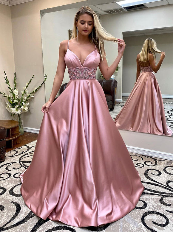 A-Line Blush Beading Long Prom Dress Formal Prom Gown