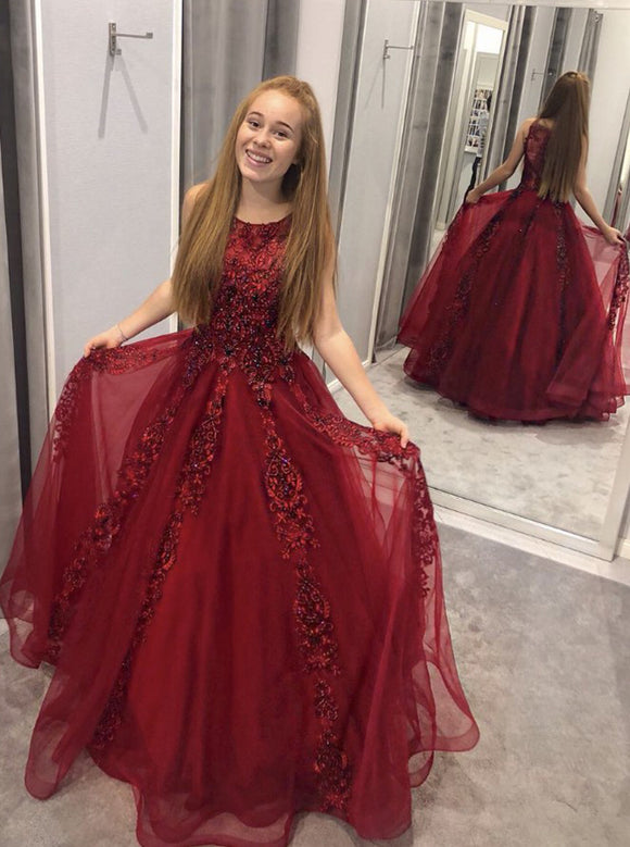 A-Line Crew Appliques Beading Red Long Prom Dress 
