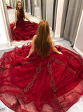 A-Line Crew Appliques Beading Red Long Prom Dress 