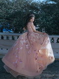 V-Neck Long Pearl Pink Appliques Beading Prom Dress 