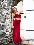 Sexy Red Mermaid Style Two Piece V-Neck Spgahetti Straps Lace Long Prom Dress